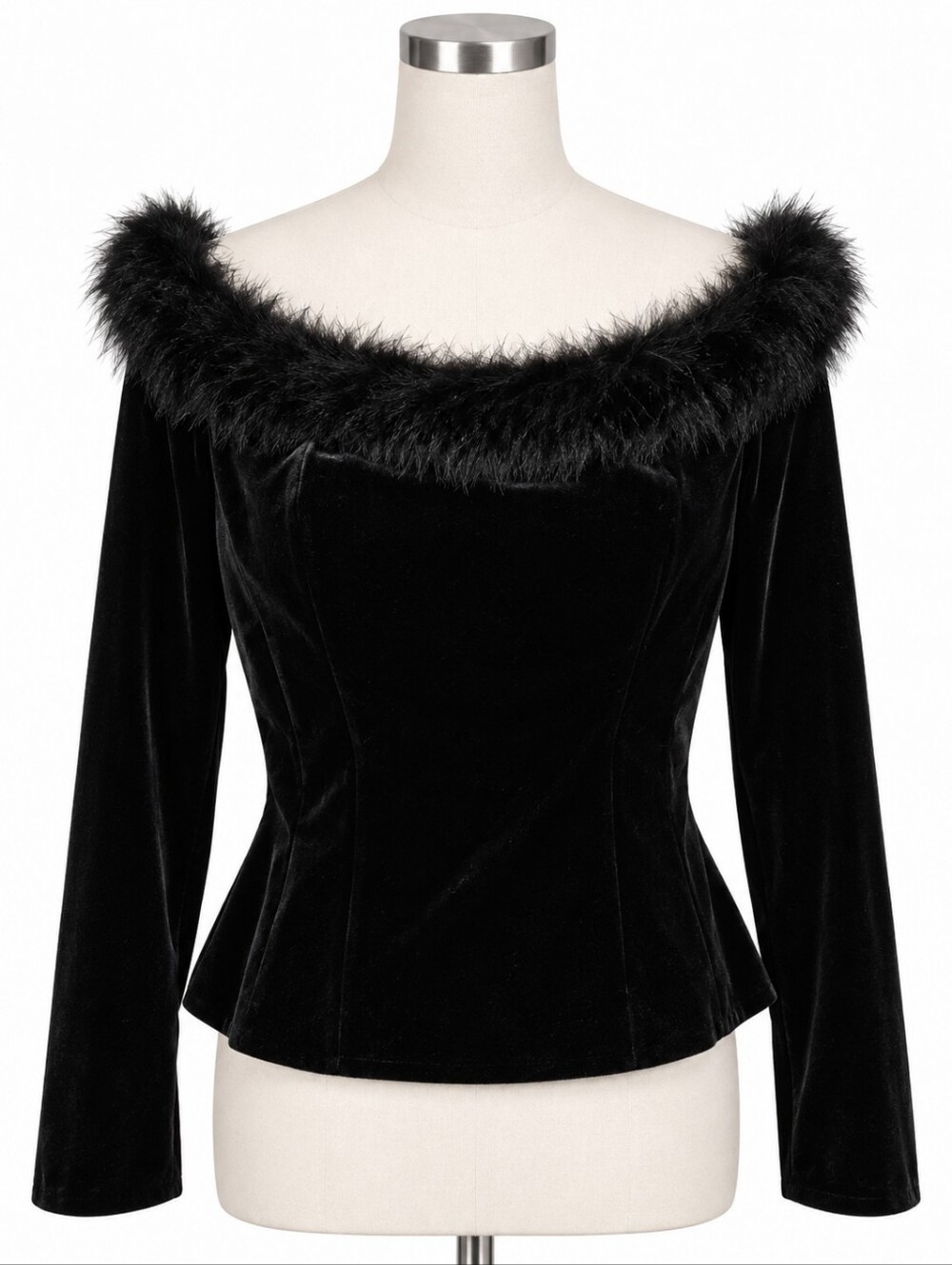 Vintage Y2K Alex Evenings Black Velvet Faux Fur Trim Corset Top Size Large